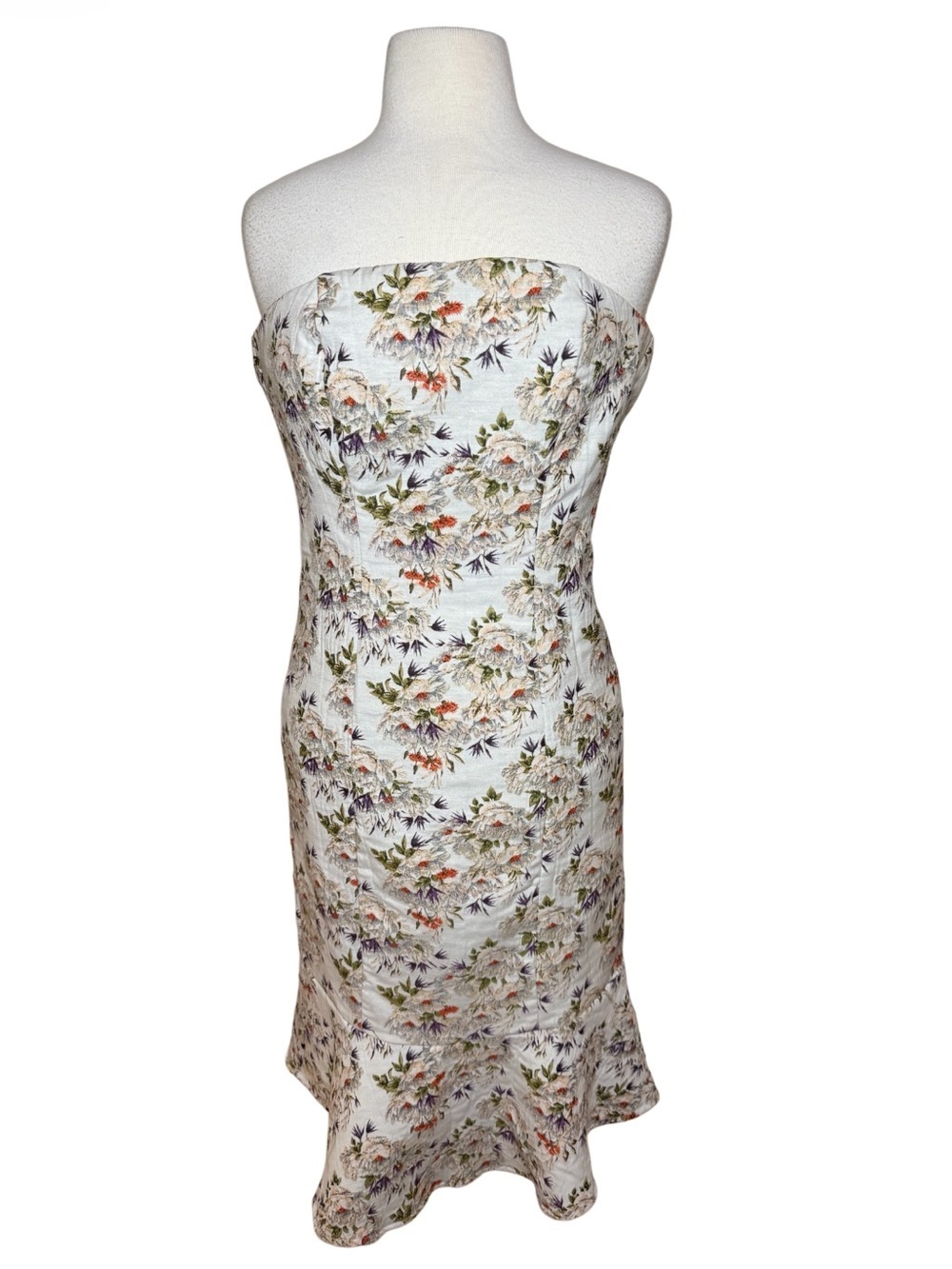 Elegant Strapless Jacquard Floral Midi Dress in Ivory-Size 4 Like New